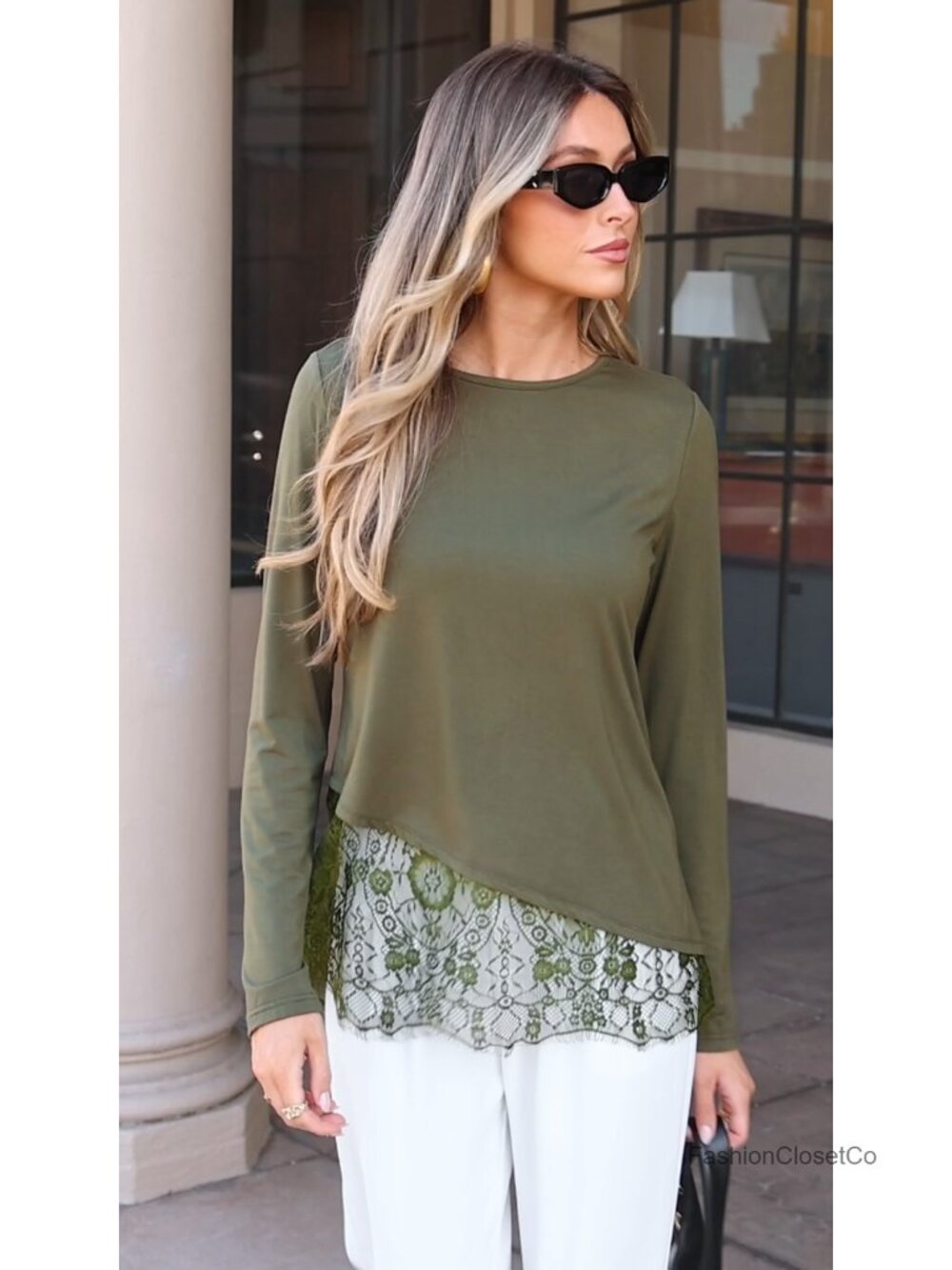 Women's Lace Patchwork Long Sleeve Stretchy Knit Asymmetric Hem Tunic Top - Picture 6 of 6